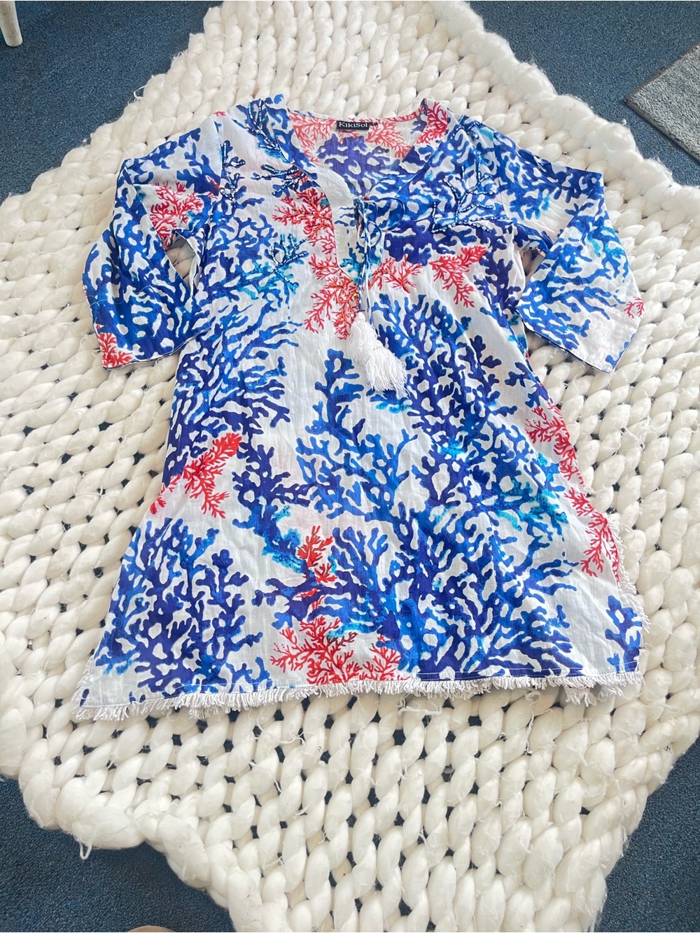 Kikosol Coral Print Swim Cover-Up | Size Large | Beaded Detail | Fringe Hem 🌊☀️